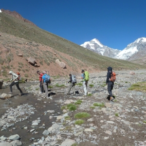 Heading up to Base Camp at Plaza Argentina, Aconcagua on the left and Ameghino on the right