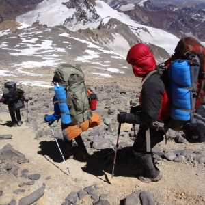 Descending from the Summit Camp to Plaza de Mulas, base camp on the west.