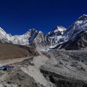 View of the Everest Base Camp with Pumori towering on the left
