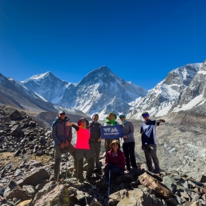 High point, with stunning panorama of peaks towering nearly 2500m above you! Changabang peak is further on the left